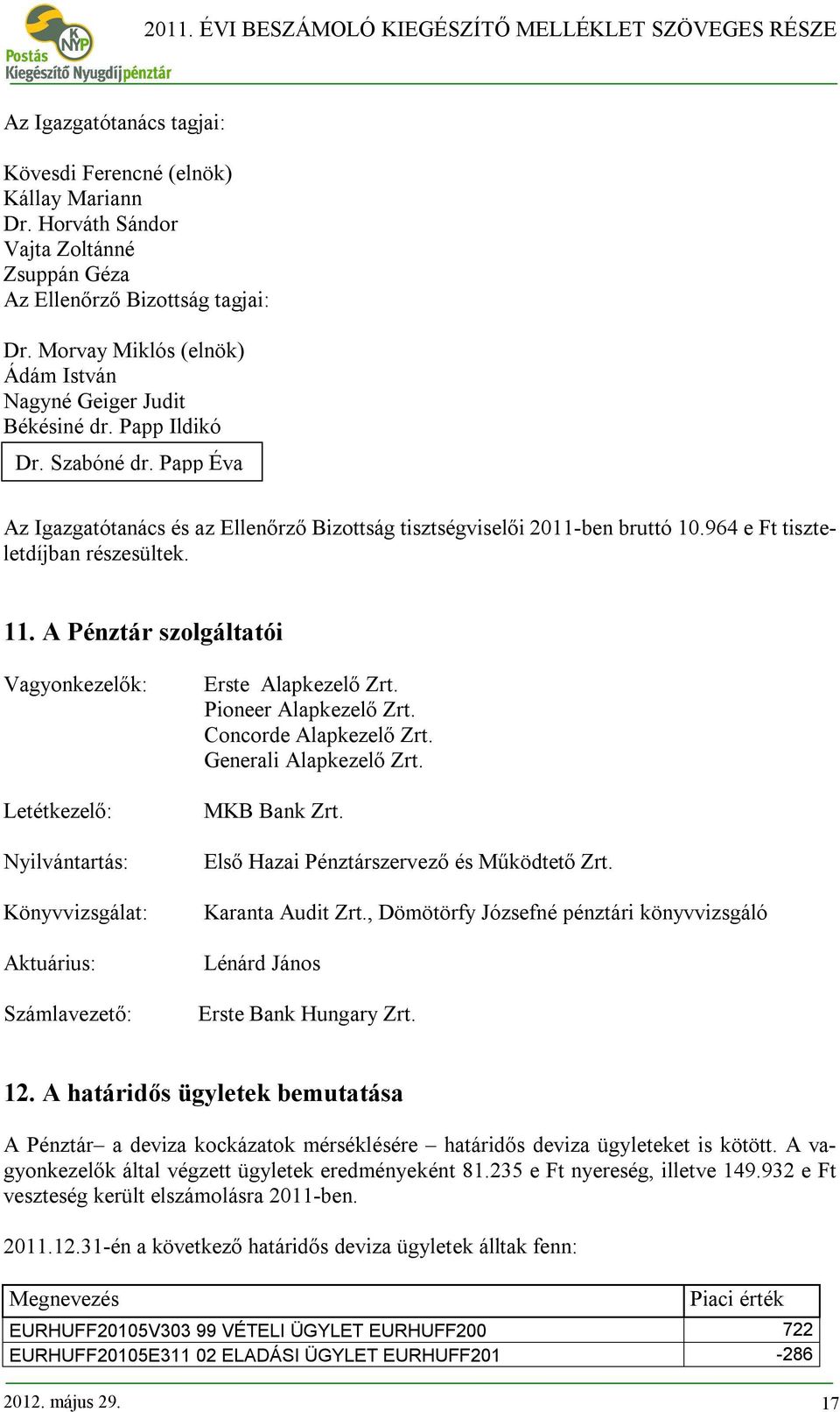 964 e Ft tiszteletdíjban részesültek. 11. A Pénztár szolgáltatói Vagyonkezelők: Letétkezelő: Nyilvántartás: Könyvvizsgálat: Aktuárius: Számlavezető: Erste Alapkezelő Zrt. Pioneer Alapkezelő Zrt.