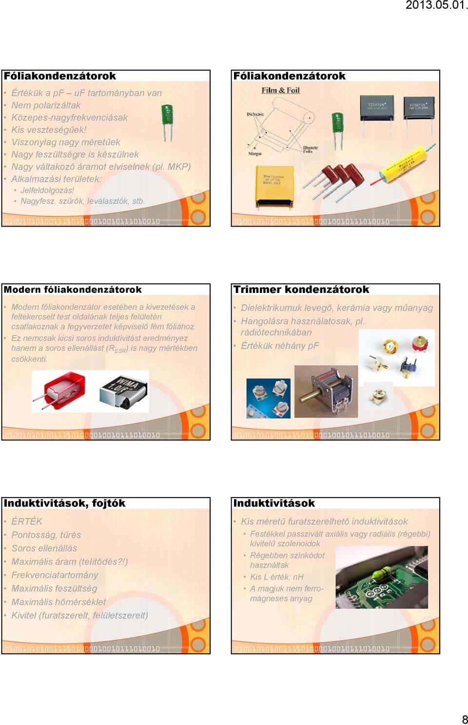 Fóliakondenzátorok Modern fóliakondenzátorok Modern fóliakondenzátor esetében a kivezetések a feltekercselt test oldalának teljes felületén csatlakoznak a fegyverzetet képviselő fém fóliához.