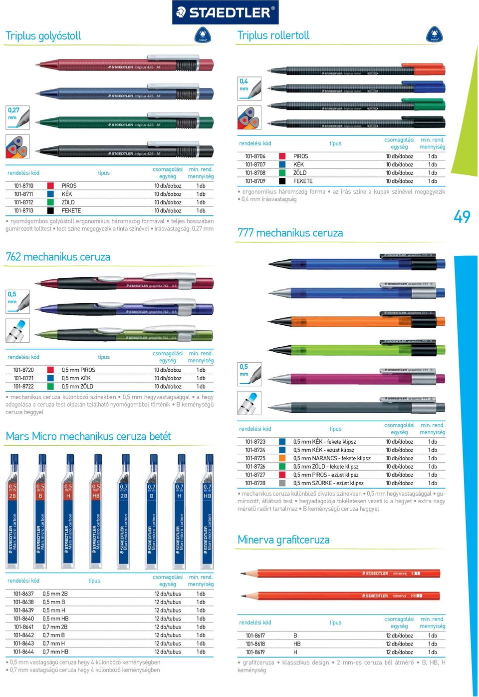 db 08709 FEKETE 0 db/doboz db ergonomikus háromszög forma az írás színe a kupak színével megegyezik 0,4 mm írásvastagság 777 mechanikus ceruza 49 0,5 mm 0870 0,5 mm PIROS 0 db/doboz db 087 0,5 mm KÉK