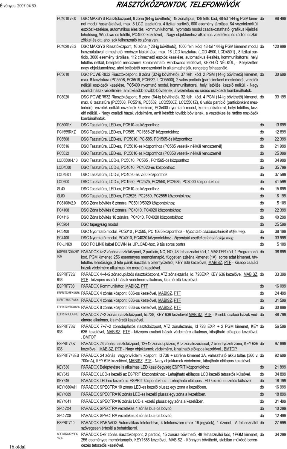 8 LCD tasztatúra, 4 fizikai partíció, 600 esemény tárolása, 64 vezetéknélküli eszköz kezelése, automatikus élesítés, kommunikátorral, nyomtató modul csatlakoztatható, grafikus kijelzési lehetőség,