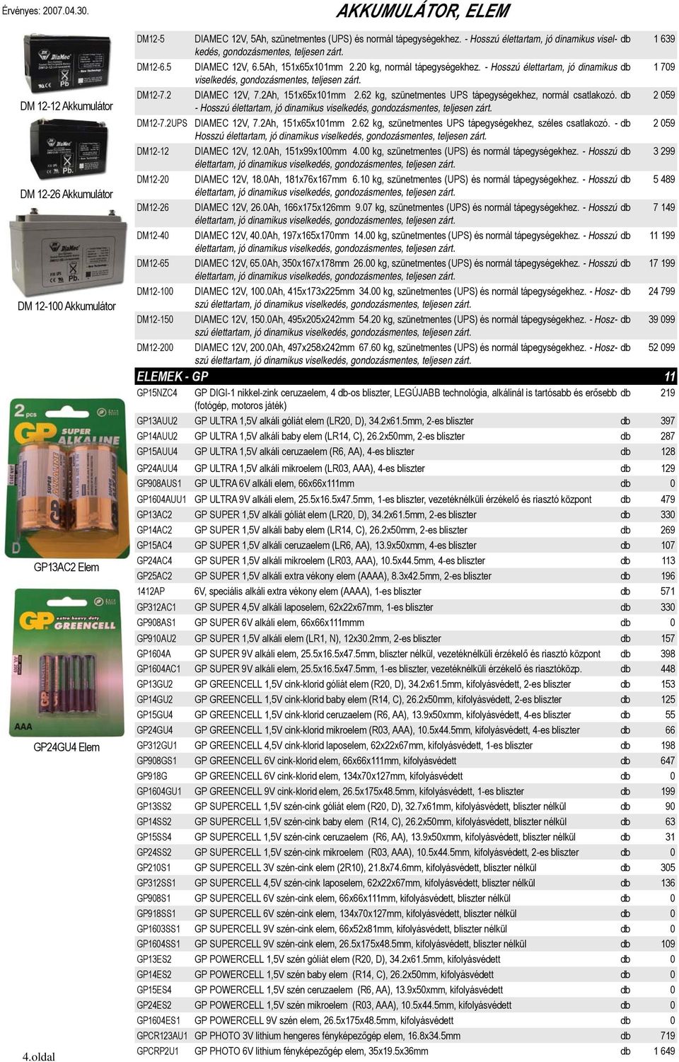 5 DIAMEC 12V, 6.5Ah, 151x65x101mm 2.20 kg, normál tápegységekhez. - Hosszú élettartam, jó dinamikus db 1 709 viselkedés, gondozásmentes, teljesen zárt. DM12-7.2 DIAMEC 12V, 7.2Ah, 151x65x101mm 2.