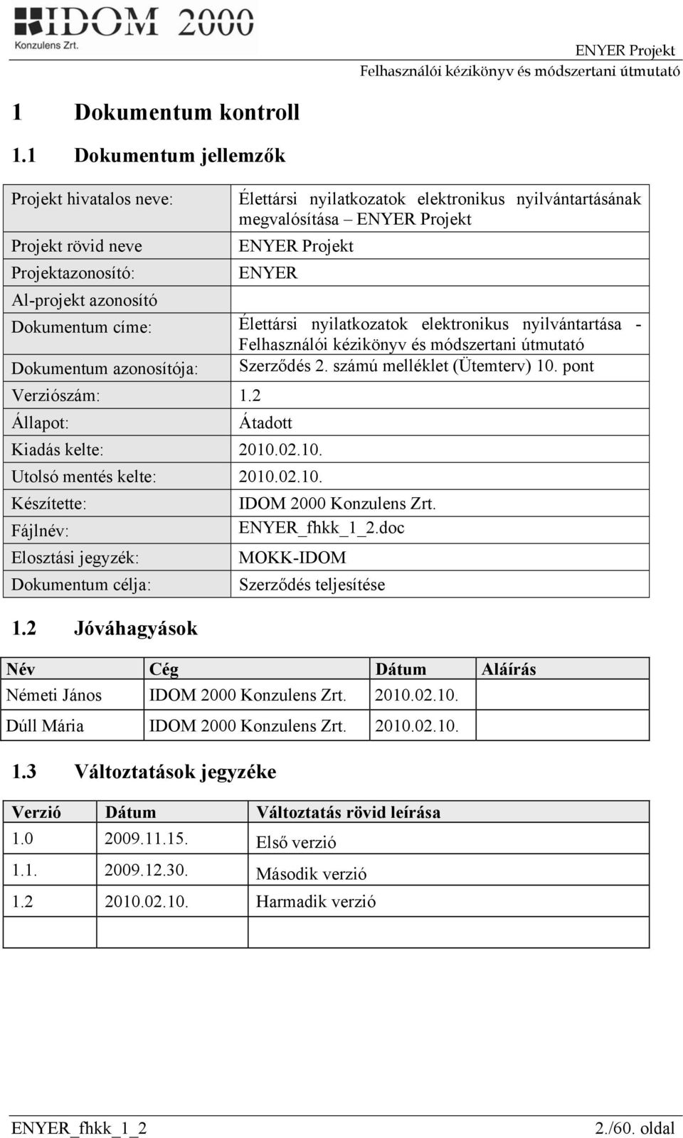 Projekt ENYER Dokumentum címe: Élettársi nyilatkozatok elektronikus nyilvántartása - Dokumentum azonosítója: Szerződés 2. számú melléklet (Ütemterv) 10. pont Verziószám: 1.