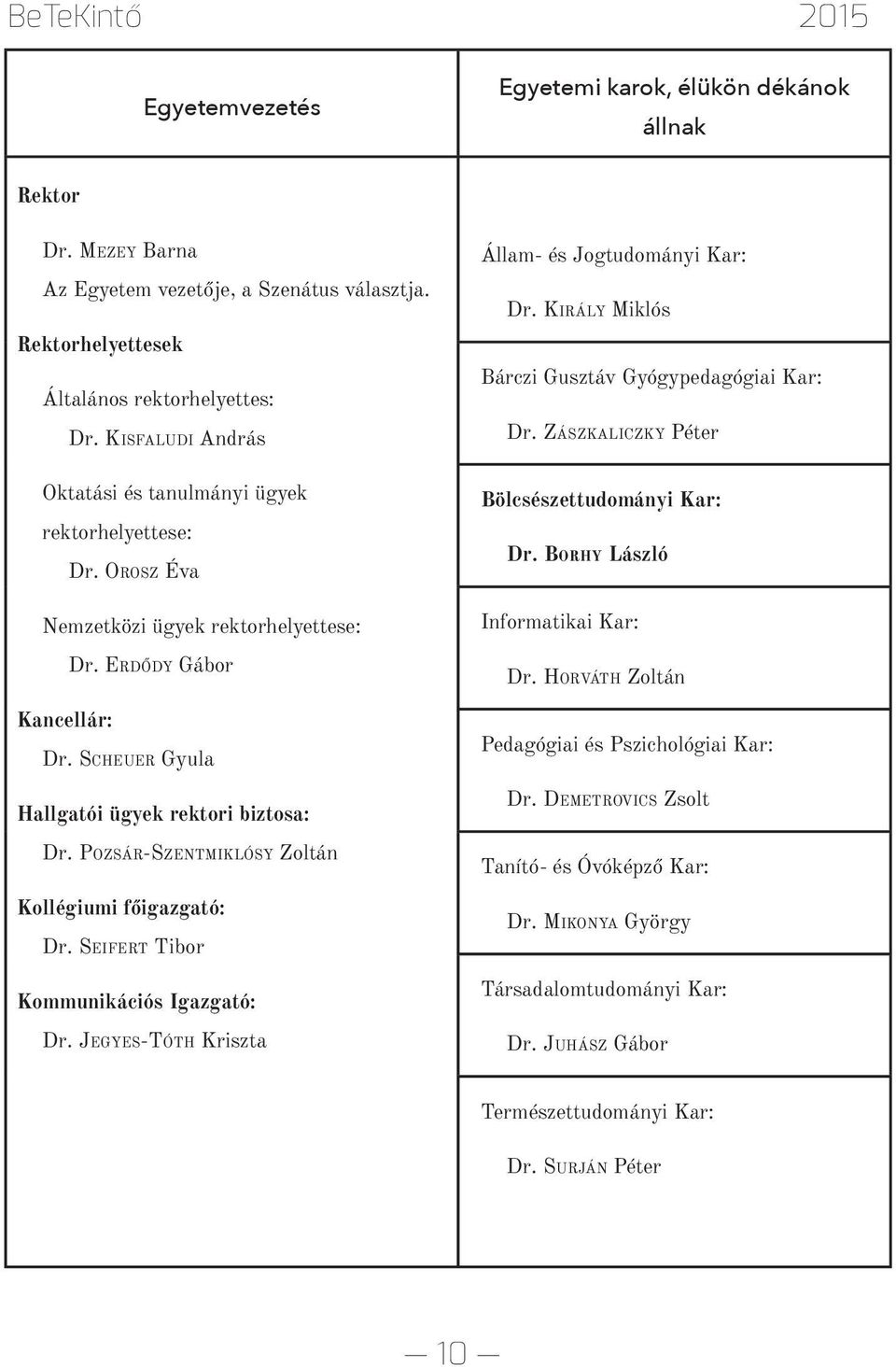 Pozsár-Szentmiklósy Zoltán Kollégiumi főigazgató: Dr. Seifert Tibor Kommunikációs Igazgató: Dr. Jegyes-Tóth Kriszta Állam- és Jogtudományi Kar: Dr.