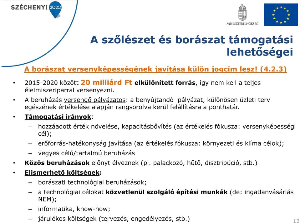 A beruházás versengő pályázatos: a benyújtandó pályázat, különösen üzleti terv egészének értékelése alapján rangsorolva kerül felállításra a ponthatár.