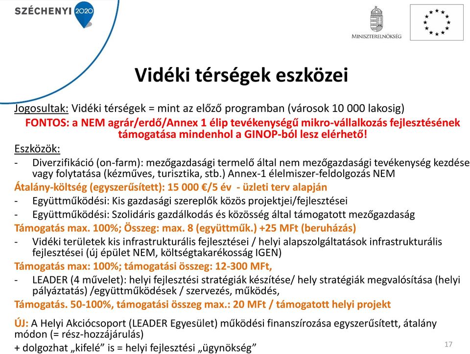 ) Annex-1 élelmiszer-feldolgozás NEM Átalány-költség (egyszerűsített): 15 000 /5 év - üzleti terv alapján - Együttműködési: Kis gazdasági szereplők közös projektjei/fejlesztései - Együttműködési: