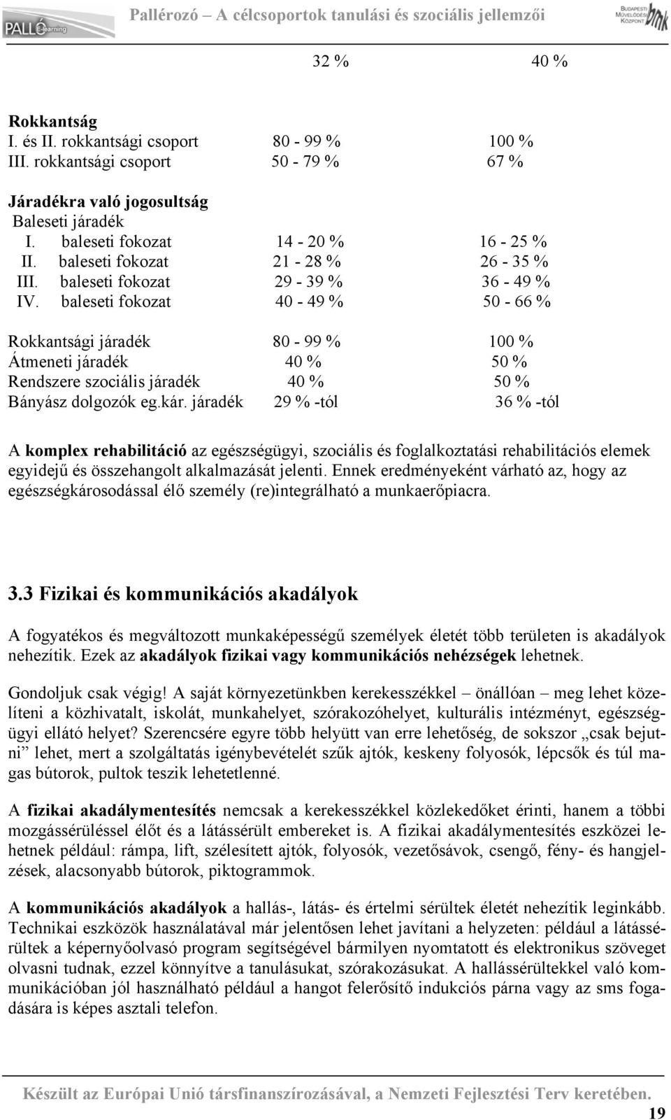 baleseti fokozat 40-49 % 50-66 % Rokkantsági járadék 80-99 % 100 % Átmeneti járadék 40 % 50 % Rendszere szociális járadék 40 % 50 % Bányász dolgozók eg.kár.