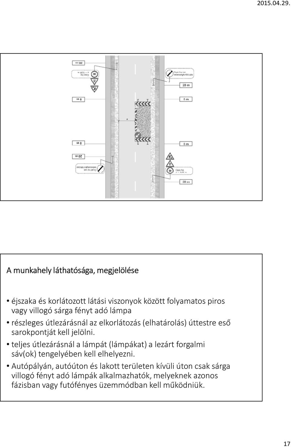 teljes útlezárásnál a lámpát (lámpákat) a lezárt forgalmi sáv(ok) tengelyében kell elhelyezni.