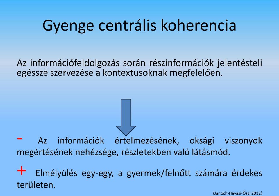 - Az információk értelmezésének, oksági viszonyok megértésének nehézsége,