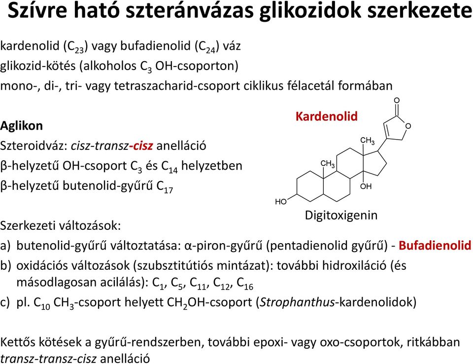 butenolid-gyűrű változtatása: α-piron-gyűrű (pentadienolid gyűrű) - Bufadienolid b) oxidációs változások (szubsztitútiós mintázat): további hidroxiláció (és másodlagosan acilálás): C 1, C 5, C