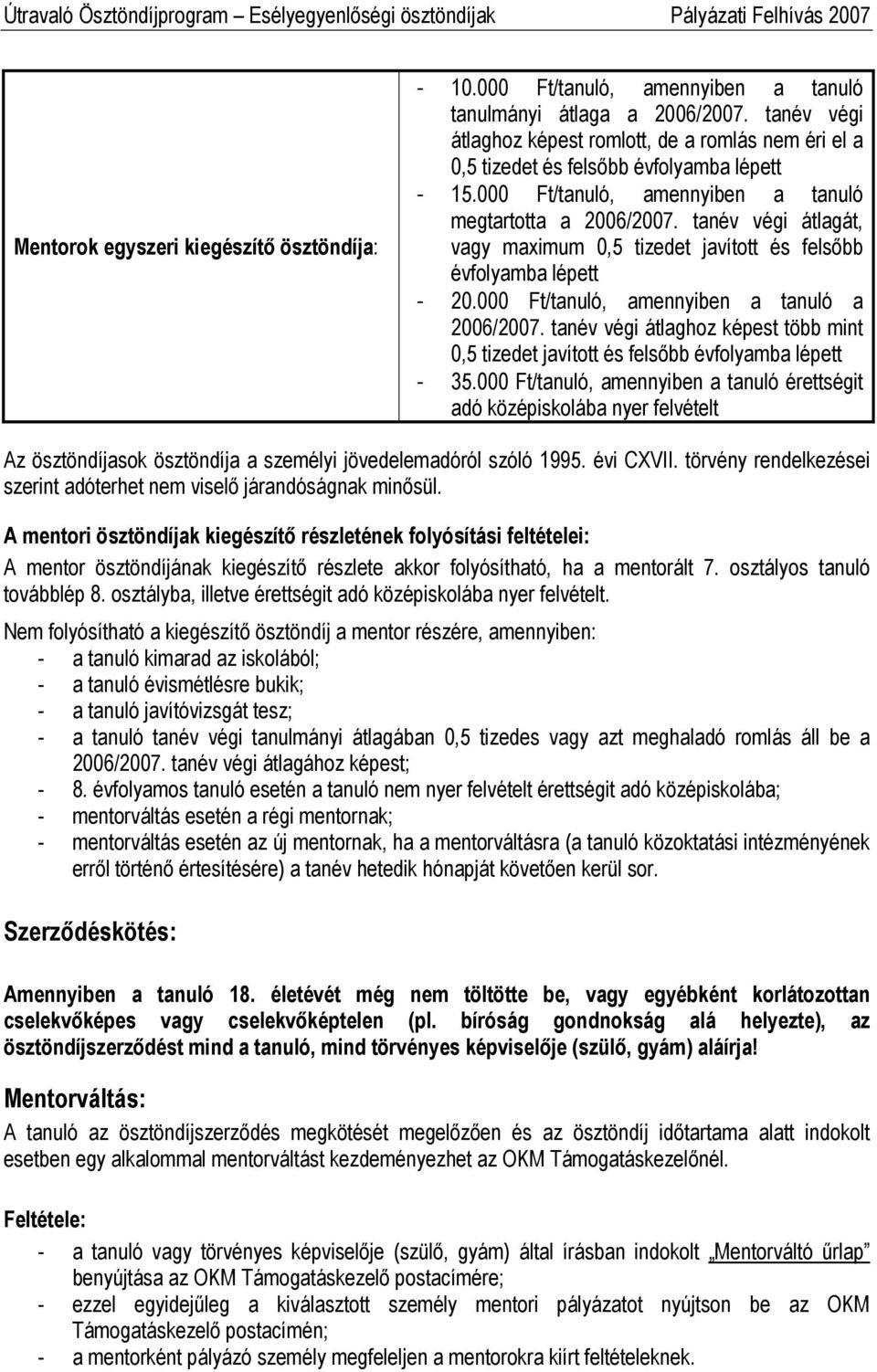 tanév végi átlagát, vagy maximum 0,5 tizedet javított és felsőbb évfolyamba lépett - 20.000 Ft/tanuló, amennyiben a tanuló a 2006/2007.