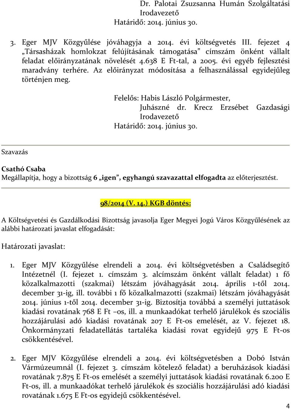 Az előirányzat módosítása a felhasználással egyidejűleg történjen meg. Felelős: Habis László Polgármester, Juhászné dr. Krecz Erzsébet Gazdasági Irodavezető Határidő: 2014. június 30.