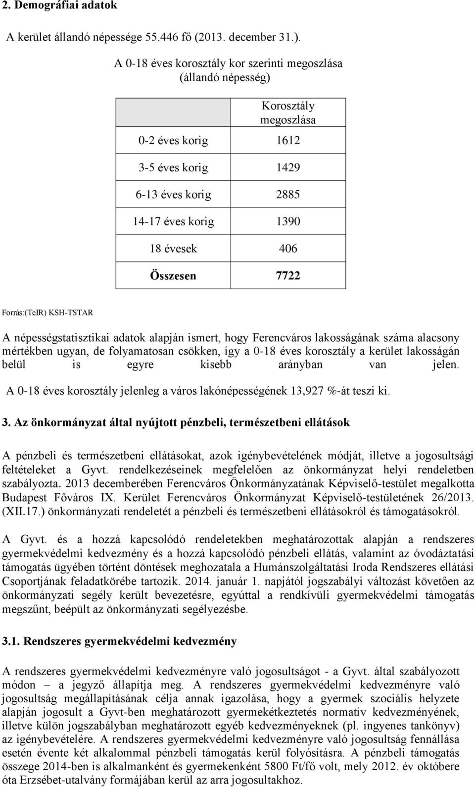 Forrás:(TeIR) KSH-TSTAR A népességstatisztikai adatok alapján ismert, hogy Ferencváros lakosságának száma alacsony mértékben ugyan, de folyamatosan csökken, így a 0-18 éves korosztály a kerület