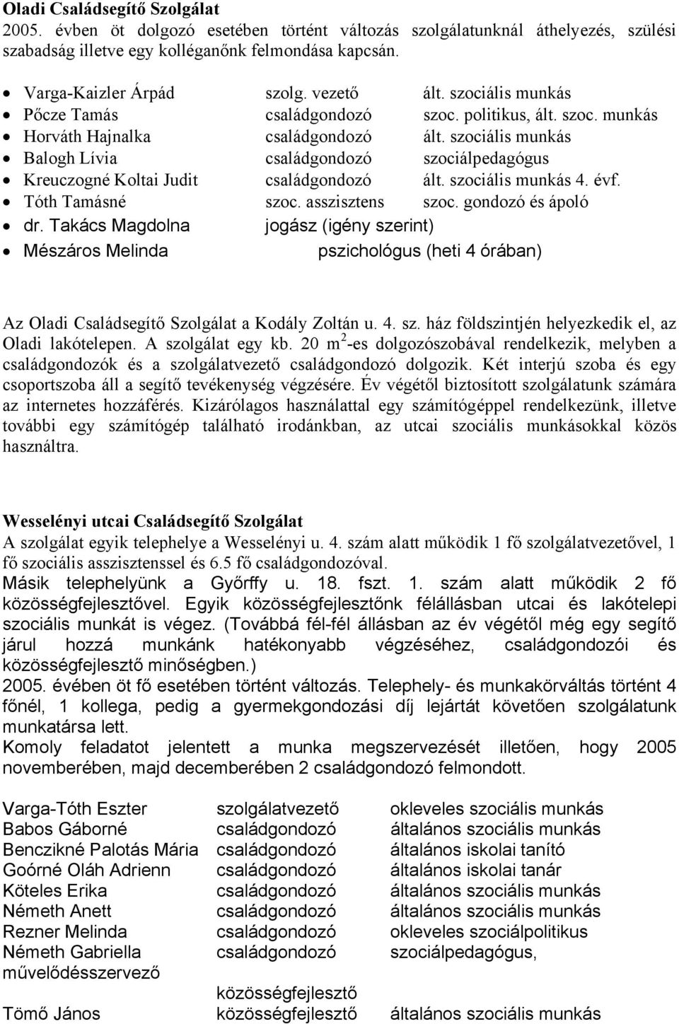 szociális munkás Balogh Lívia családgondozó szociálpedagógus Kreuczogné Koltai Judit családgondozó ált. szociális munkás 4. évf. Tóth Tamásné szoc. asszisztens szoc. gondozó és ápoló dr.