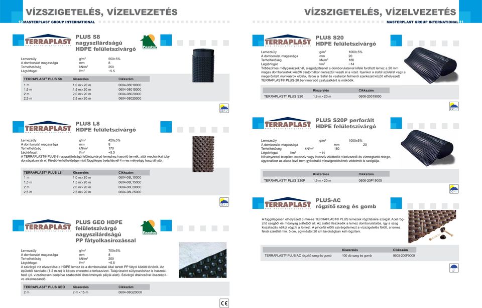 5 TERRAPLAST PLUS S8 1 m 1,0 m 20 m 0604-08010000 1,5 m 1,5 m 20 m 0604-08015000 2 m 2,0 m 20 m 0604-08020000 2,5 m 2,5 m 20 m 0604-08025000 PLUS S20 HDPE felületszivárgó Lemezsúly g/m 2 1000±5% A