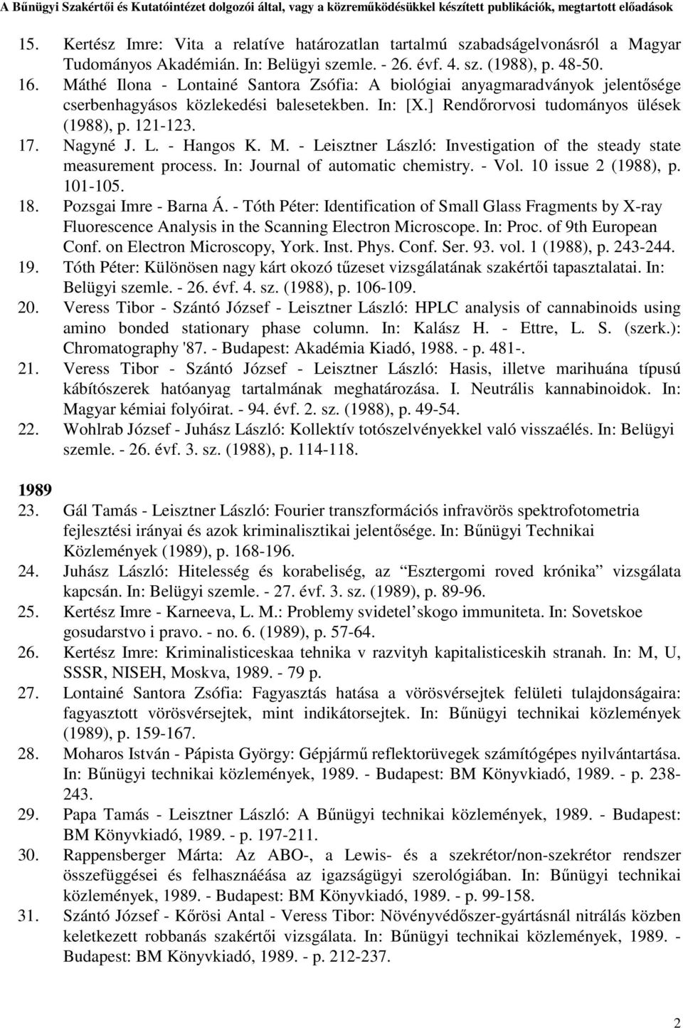M. - Leisztner László: Investigation of the steady state measurement process. In: Journal of automatic chemistry. - Vol. 10 issue 2 (1988), p. 101-105. 18. Pozsgai Imre - Barna Á.