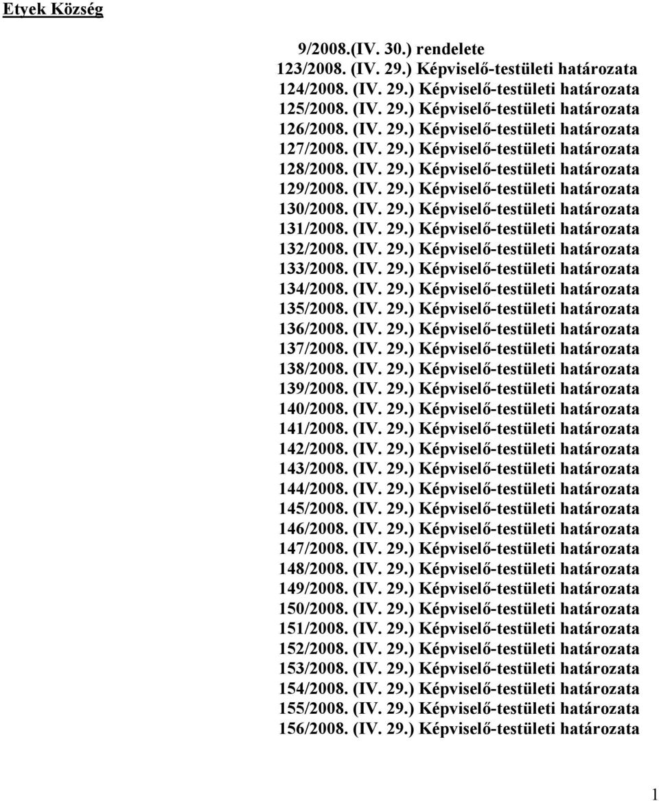 (IV. 29.) Képviselő-testületi határozata 131/2008. (IV. 29.) Képviselő-testületi határozata 132/2008. (IV. 29.) Képviselő-testületi határozata 133/2008. (IV. 29.) Képviselő-testületi határozata 134/2008.