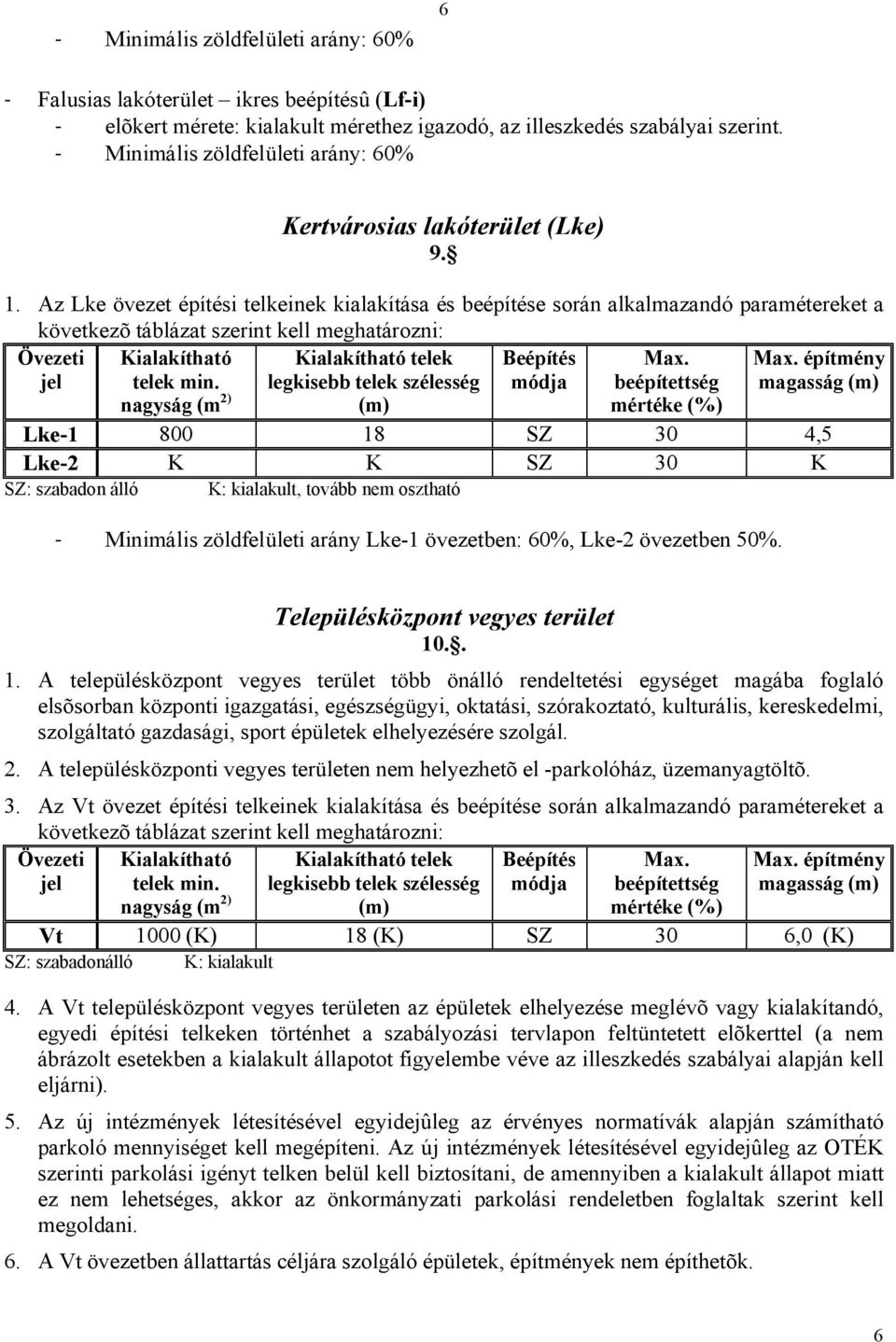 Az Lke övezet építési telkeinek kialakítása és beépítése során alkalmazandó paramétereket a következõ táblázat szerint kell meghatározni: Övezeti jel Kialakítható telek min.