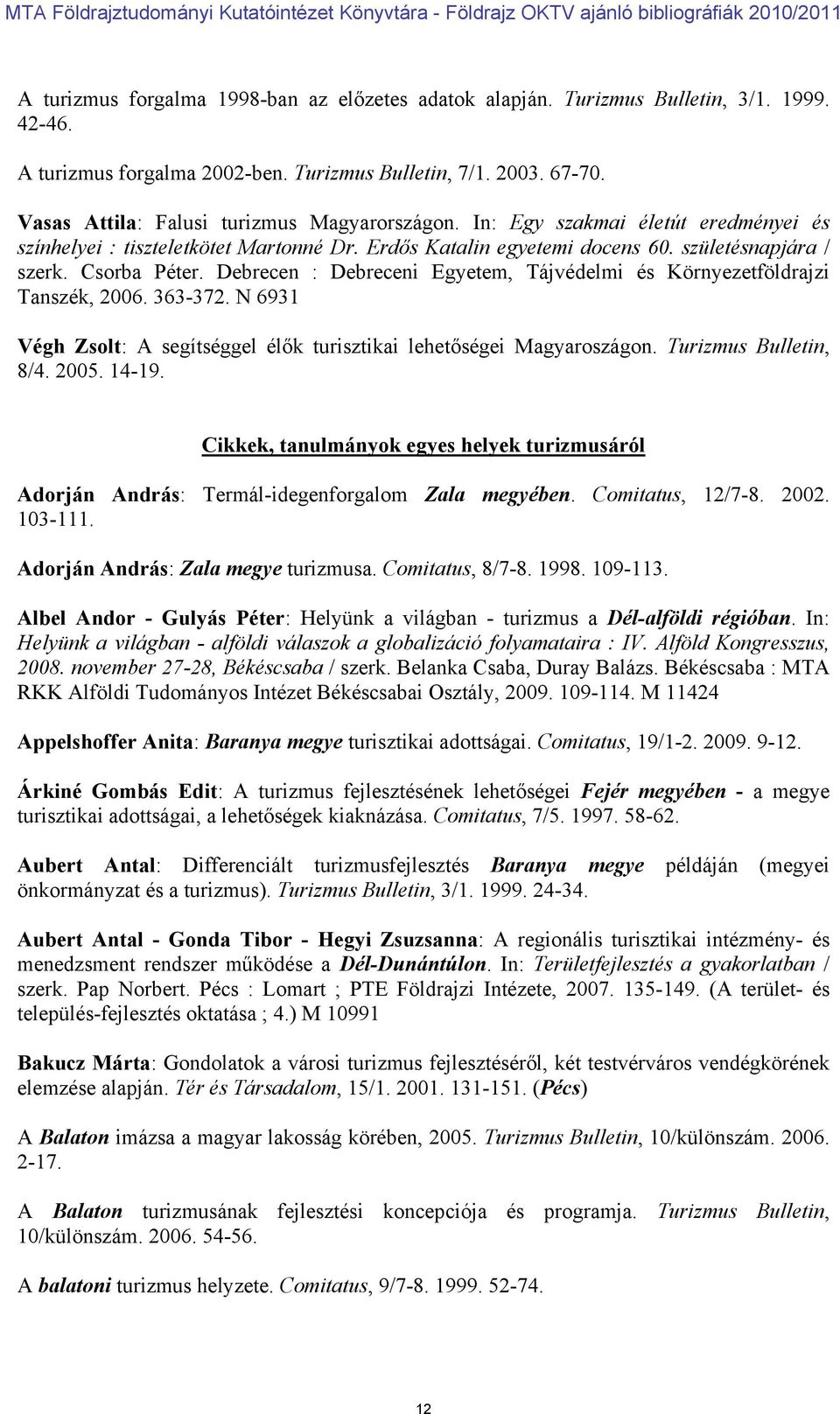 Debrecen : Debreceni Egyetem, Tájvédelmi és Környezetföldrajzi Tanszék, 2006. 363-372. N 6931 Végh Zsolt: A segítséggel élők turisztikai lehetőségei Magyaroszágon. Turizmus Bulletin, 8/4. 2005. 14-19.