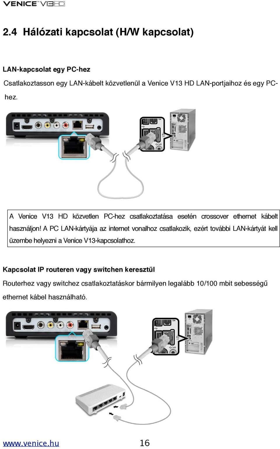 A PC LAN-kártyája az internet vonalhoz csatlakozik, ezért további LAN-kártyát kell üzembe helyezni a Venice V13-kapcsolathoz.