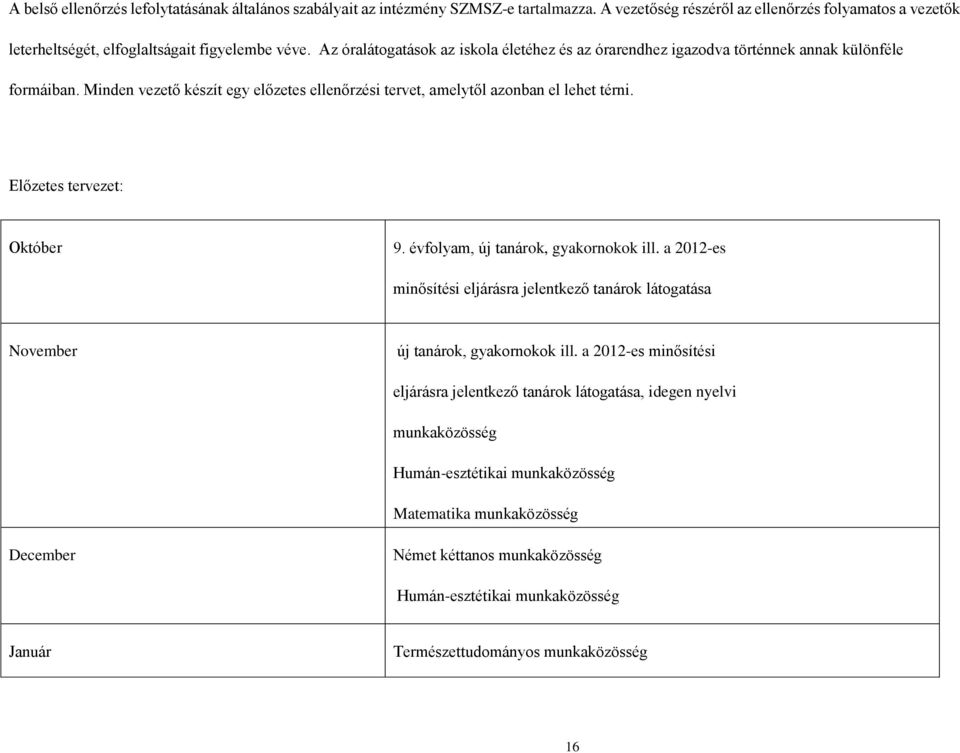 Előzetes tervezet: Október 9. évfolyam, új tanárok, gyakornokok ill. a 2012-es minősítési eljárásra jelentkező tanárok látogatása November új tanárok, gyakornokok ill.