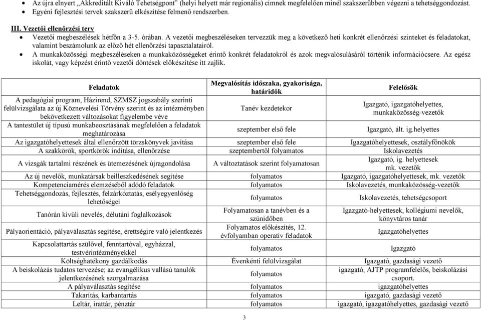 A vezetői megbeszéléseken tervezzük meg a következő heti konkrét ellenőrzési szinteket és feladatokat, valamint beszámolunk az előző hét ellenőrzési tapasztalatairól.