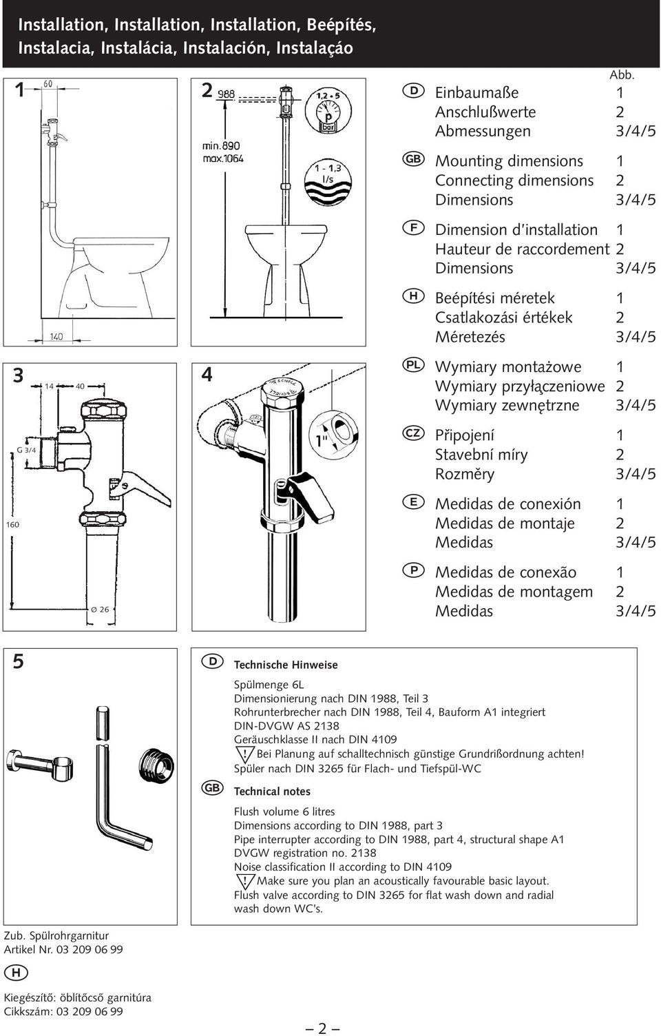 méretek 1 Csatlakozási értékek 2 Méretezés 3/4/5 Q Wymiary montaºowe 1 Wymiary przy µczeniowe 2 Wymiary zewnfitrzne 3/4/5 b PÏipojení 1 Stavební míry 2 Rozmflry 3/4/5 E Medidas de conexión 1 Medidas