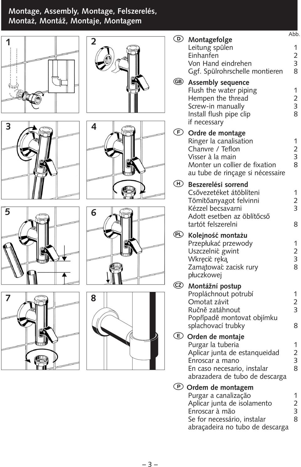 Chanvre / Teflon 2 Visser à la main 3 Monter un collier de fixation 8 au tube de rinçage si nécessaire H Beszerelési sorrend Csővezetéket átöblíteni 1 Tömítőanyagot felvinni 2 Kézzel becsavarni 3