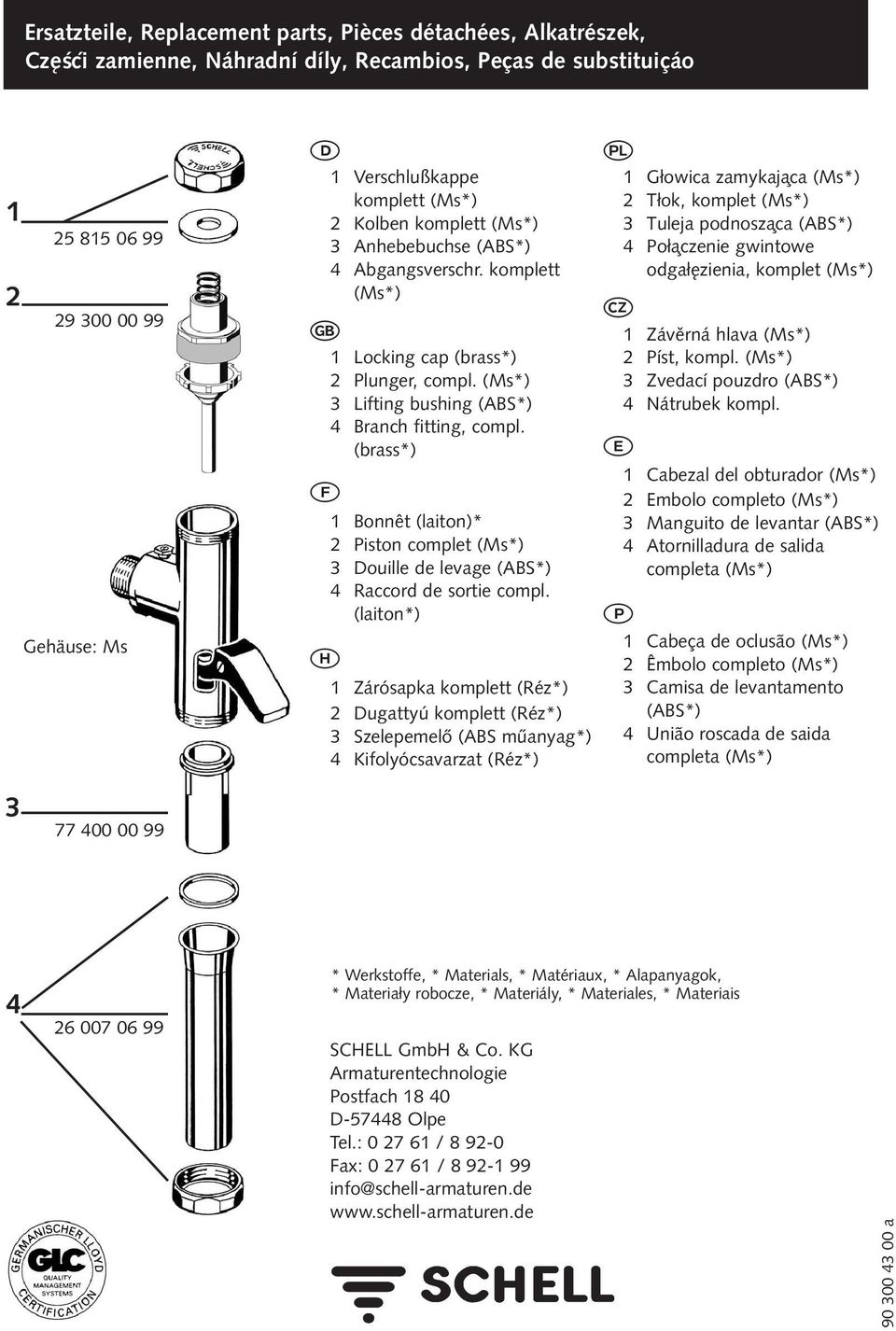 (brass*) F 1 Bonnêt (laiton)* 2 Piston complet (Ms*) 3 Douille de levage (ABS*) 4 Raccord de sortie compl.