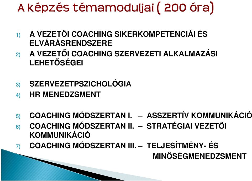 COACHING MÓDSZERTAN I. ASSZERTÍV KOMMUNIKÁCIÓ 6) COACHING MÓDSZERTAN II.