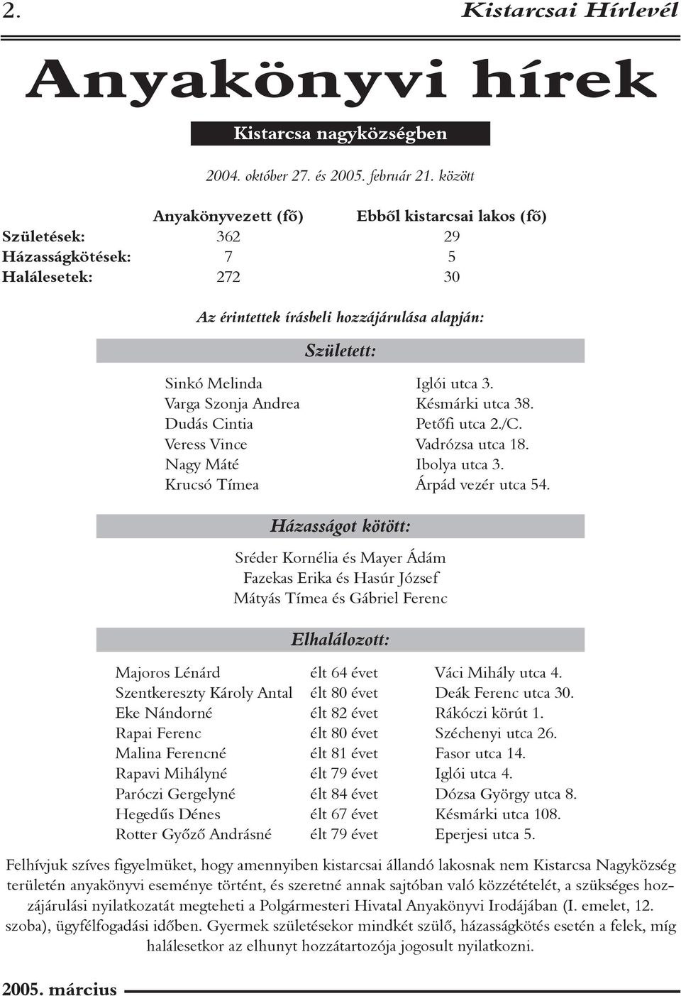 Varga Szonja Andrea Késmárki utca 38. Dudás Cintia Petõfi utca 2./C. Veress Vince Vadrózsa utca 18. Nagy Máté Ibolya utca 3. Krucsó Tímea Árpád vezér utca 54.