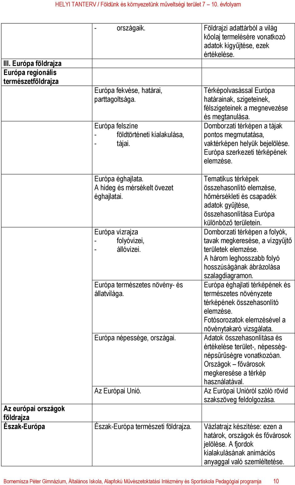 Domborzati térképen a tájak pontos megmutatása, vaktérképen helyük bejelölése. Európa szerkezeti térképének elemzése. Európa éghajlata. A hideg és mérsékelt övezet éghajlatai.