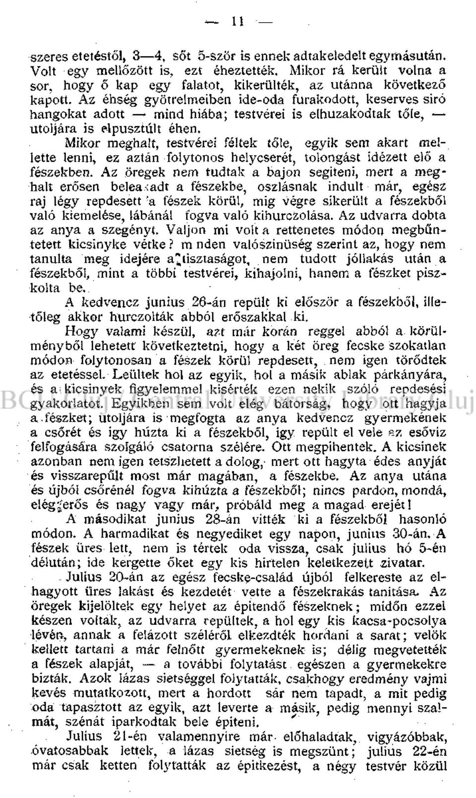 Az éhség gyötrelmeiben ide-oda furakodott, keserves siró hangokat adott mind hiába; testvérei is elhuzakodtak tőle, utoljára is elpusztult éhen.