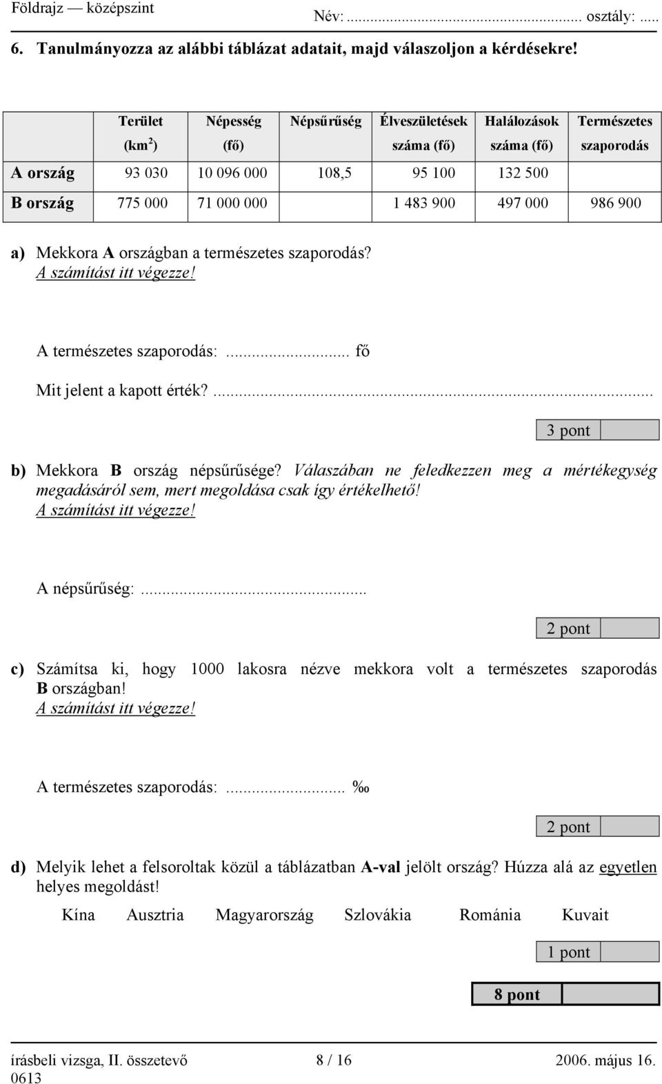 497 000 986 900 a) Mekkora A országban a természetes szaporodás? A számítást itt végezze! A természetes szaporodás:... fő Mit jelent a kapott érték?... 3 pont b) Mekkora B ország népsűrűsége?