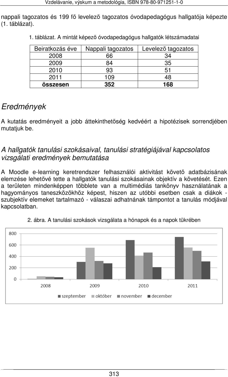 A mintát képező óvodapedagógus hallgatók létszámadatai Beiratkozás éve Nappali tagozatos Levelező tagozatos 2008 66 34 2009 84 35 2010 93 51 2011 109 48 összesen 352 168 Eredmények A kutatás