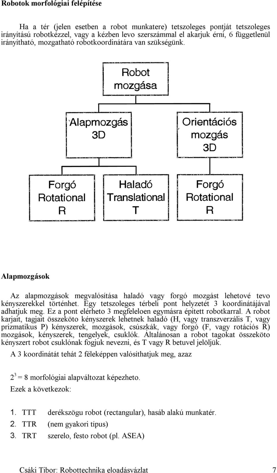 Egy tetszoleges térbeli pont helyzetét 3 koordinátájával adhatjuk meg. Ez a pont elérheto 3 megfeleloen egymásra épített robotkarral.