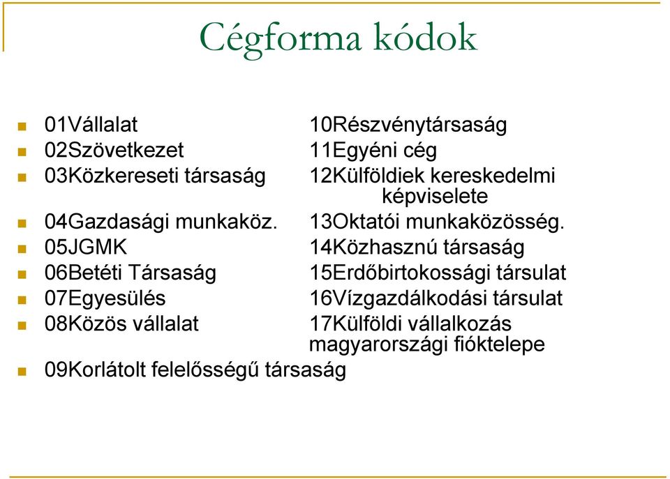 05JGMK 14Közhasznú társaság 06Betéti Társaság 15Erdőbirtokossági társulat 07Egyesülés