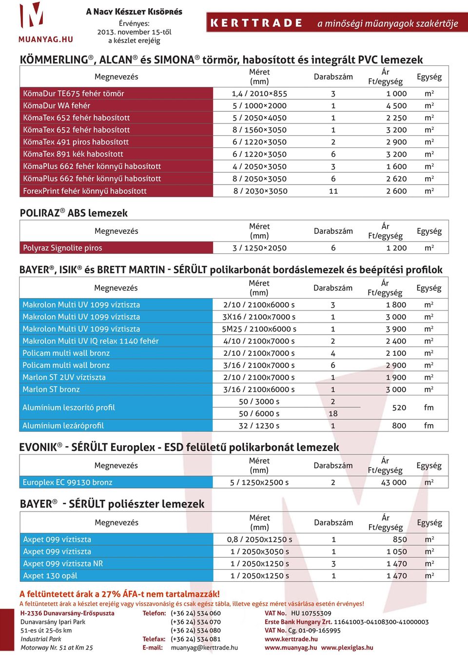 200 m 2 KömaTex 491 piros habosított 6 / 1220 3050 2 2 900 m 2 KömaTex 891 kék habosított 6 / 1220 3050 6 3 200 m 2 KömaPlus 662 fehér könnyű habosított 4 / 2050 3050 3 1 600 m 2 KömaPlus 662 fehér