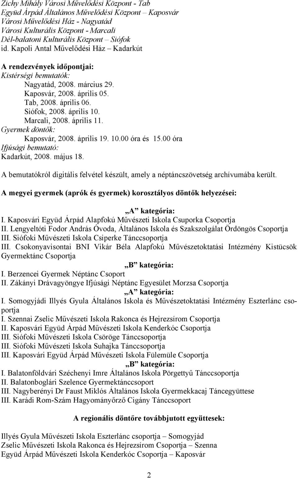 április 10. Marcali, 2008. április 11. Gyermek döntők: Kaposvár, 2008. április 19. 10.00 óra és 15.00 óra Ifjúsági bemutató: Kadarkút, 2008. május 18.