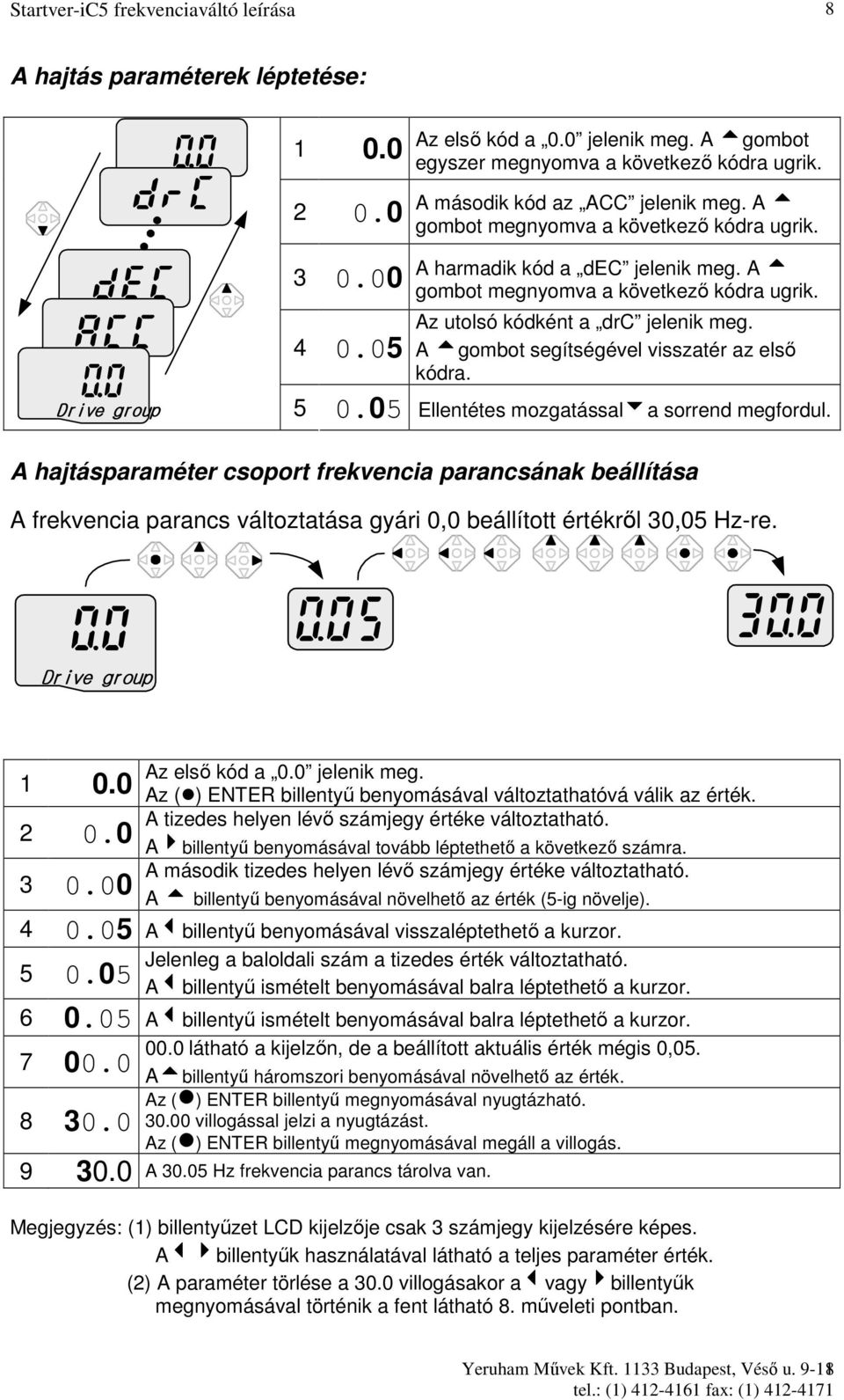 A 5gombot segítségével visszatér az elsı kódra. Drive group 5 0.05 Ellentétes mozgatással6a sorrend megfordul.