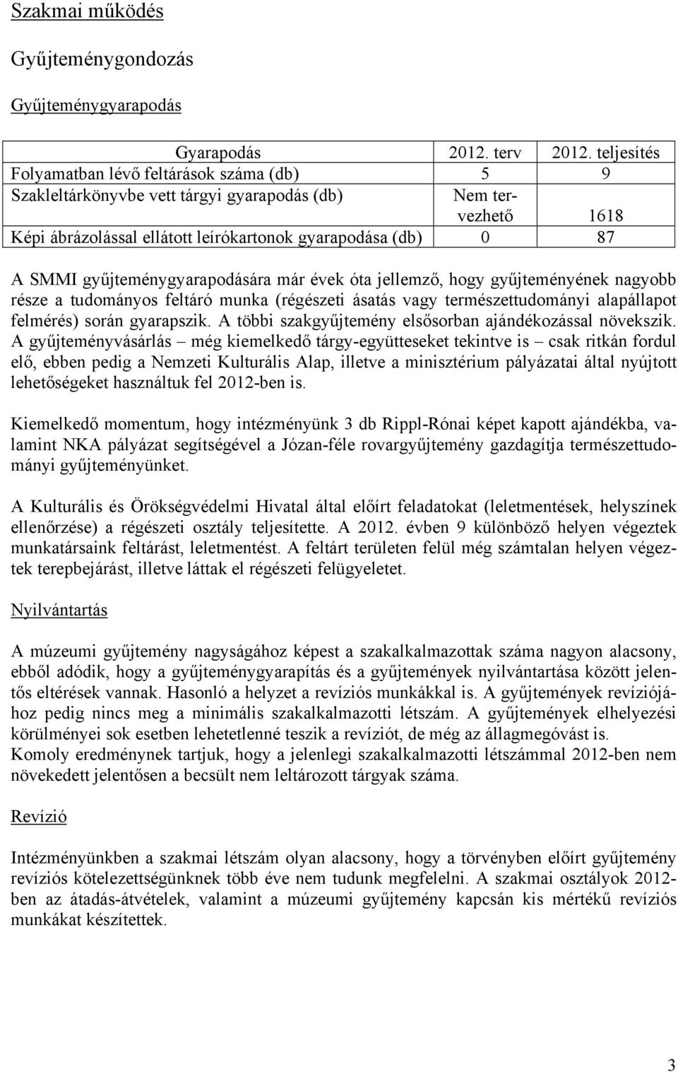 gyűjteménygyarapodására már évek óta jellemző, hogy gyűjteményének nagyobb része a tudományos feltáró munka (régészeti ásatás vagy természettudományi alapállapot felmérés) során gyarapszik.