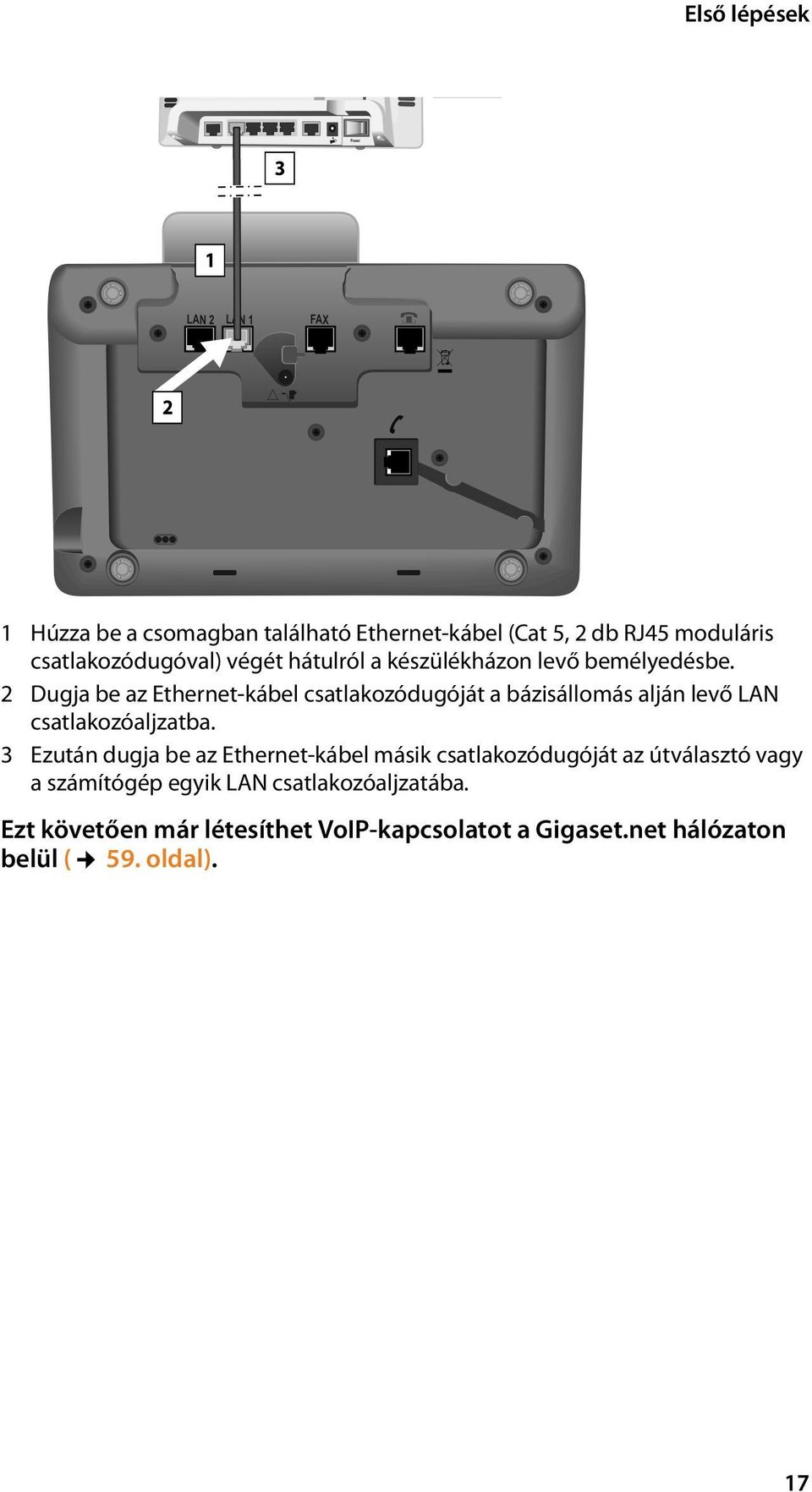 2 Dugja be az Ethernet-kábel csatlakozódugóját a bázisállomás alján levő LAN csatlakozóaljzatba.