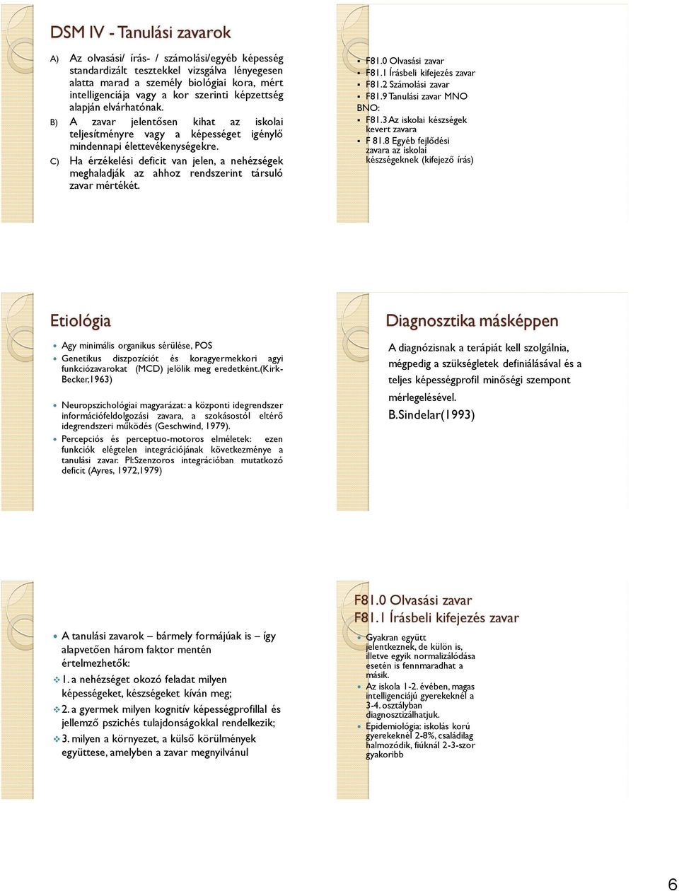 C) Ha érzékelési deficit van jelen, a nehézségek meghaladják az ahhoz rendszerint társuló zavar mértékét. F81.0 Olvasási zavar F81.1 Írásbeli kifejezés zavar F81.2 Számolási zavar F81.