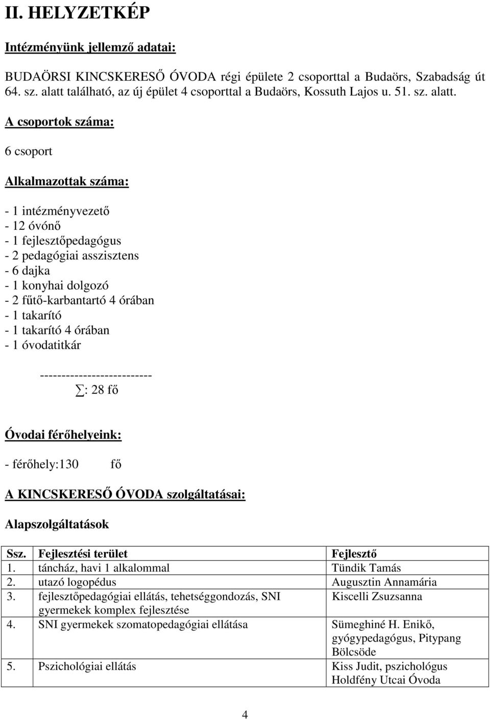 A csoportok száma: 6 csoport Alkalmazottak száma: - 1 intézményvezető - 12 óvónő - 1 fejlesztőpedagógus - 2 pedagógiai asszisztens - 6 dajka - 1 konyhai dolgozó - 2 fűtő-karbantartó 4 órában - 1