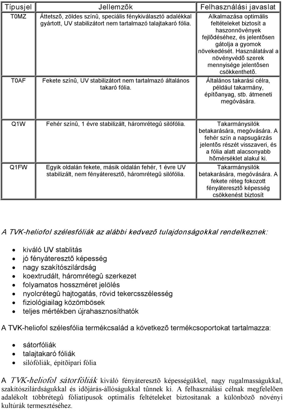 Használatával a növényvédõ szerek mennyisége jelentõsen csökkenthetõ. Általános takarási célra, például takarmány, építõanyag, stb. átmeneti megóvására.