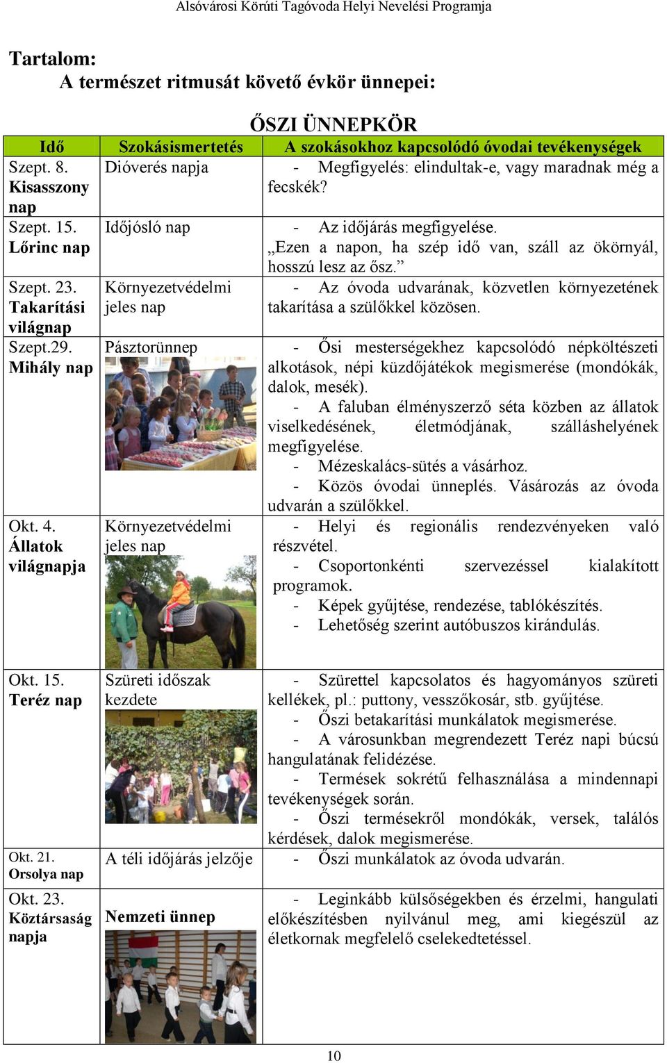 Takarítási világnap Szept.29. Mihály nap Okt. 4. Állatok világnapja Időjósló nap - Az időjárás megfigyelése. Ezen a napon, ha szép idő van, száll az ökörnyál, hosszú lesz az ősz.