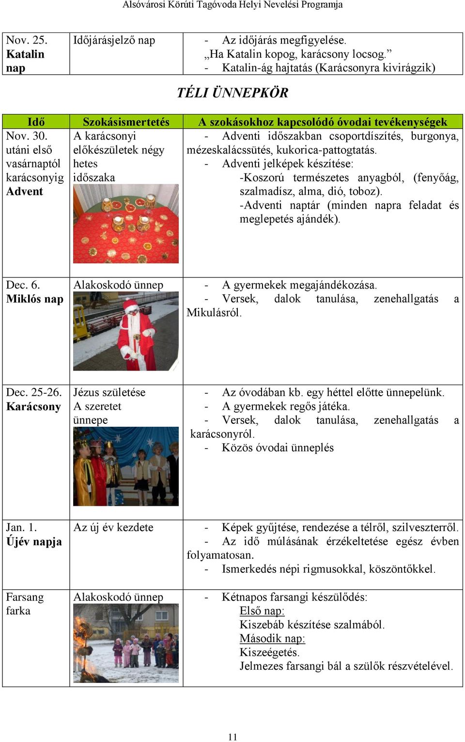 utáni első vasárnaptól karácsonyig Advent - Adventi időszakban csoportdíszítés, burgonya, mézeskalácssütés, kukorica-pattogtatás.