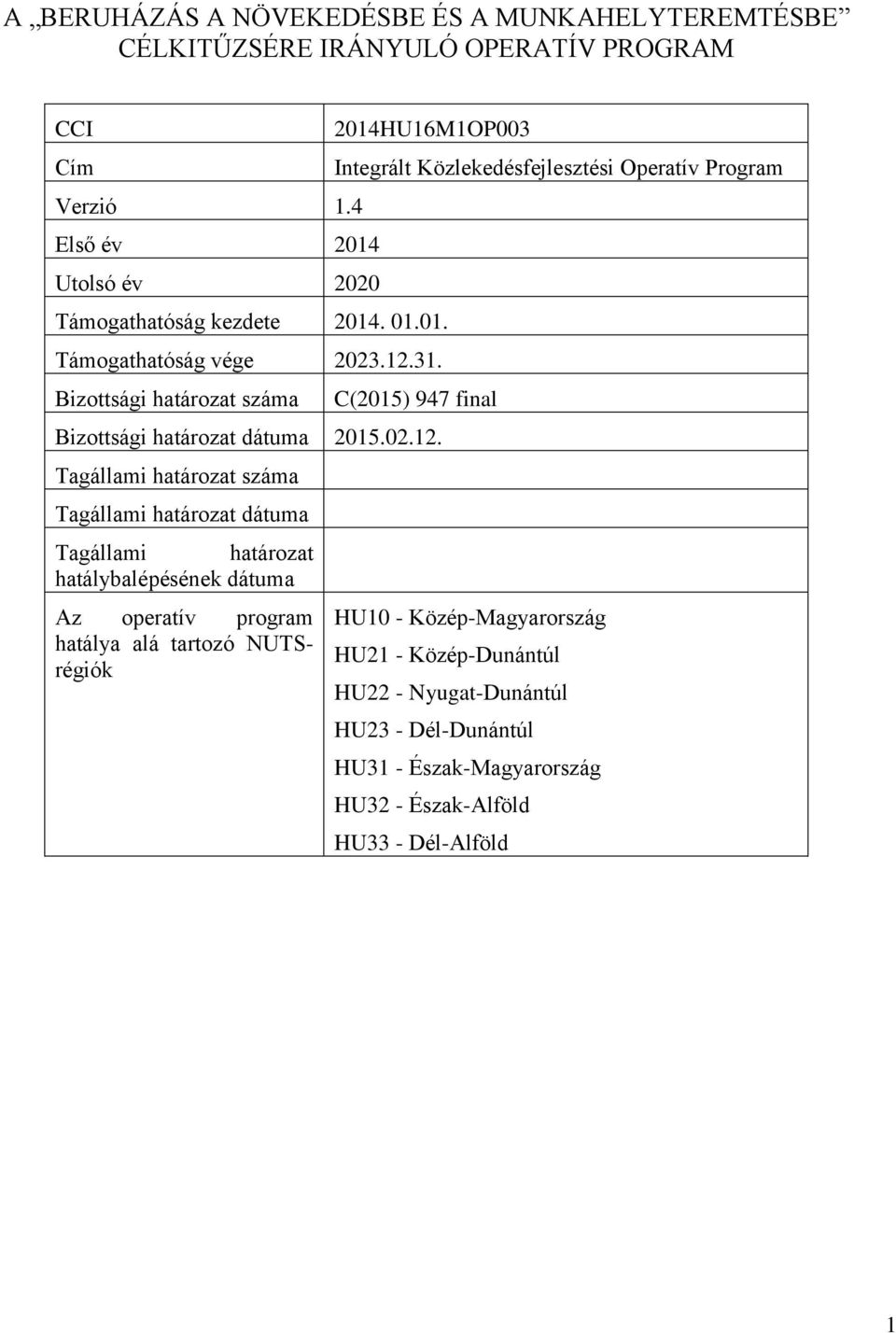 Bizottsági határozat száma Integrált Közlekedésfejlesztési Operatív Program C(2015) 947 final Bizottsági határozat dátuma 2015.02.12.