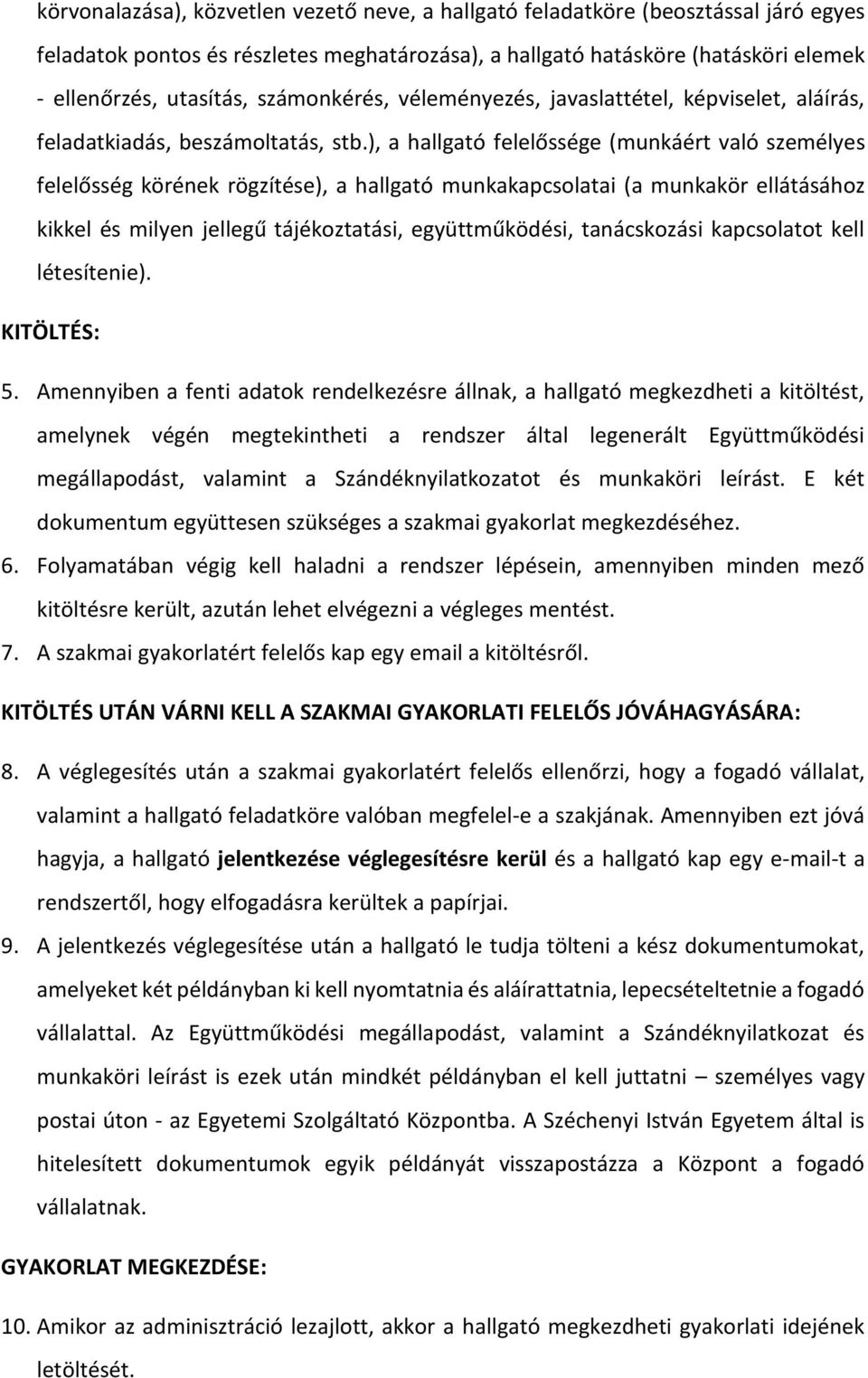 ), a hallgató felelőssége (munkáért való személyes felelősség körének rögzítése), a hallgató munkakapcslatai (a munkakör ellátásáhz kikkel és milyen jellegű tájékztatási, együttműködési, tanácskzási