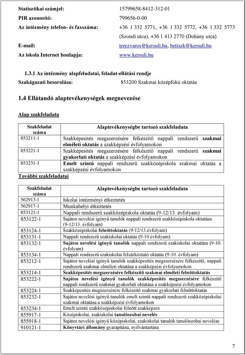 1 Az intézmény alapfeladatai, feladat-ellátási rendje Szakágazati besorolása: 853200 Szakmai középfokú oktatás 1.