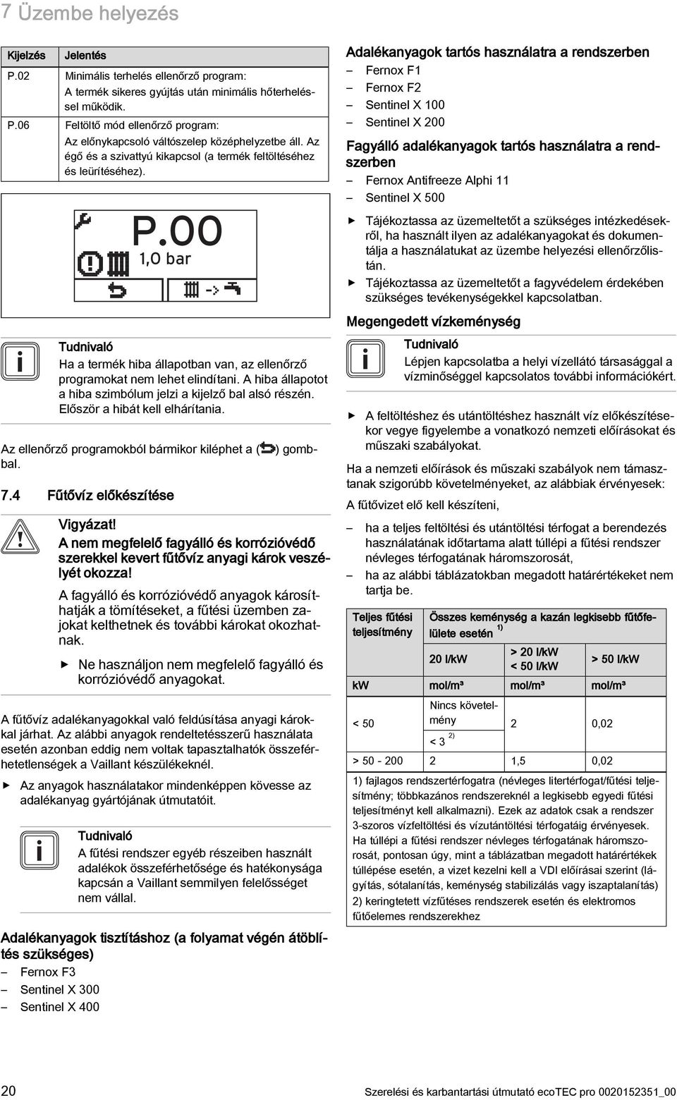 A hiba állapotot a hiba szimbólum jelzi a kijelző bal alsó részén. Először a hibát kell elhárítania. ) gomb- Az ellenőrző programokból bármikor kiléphet a ( bal. 7.4 Fűtővíz előkészítése Vigyázat!